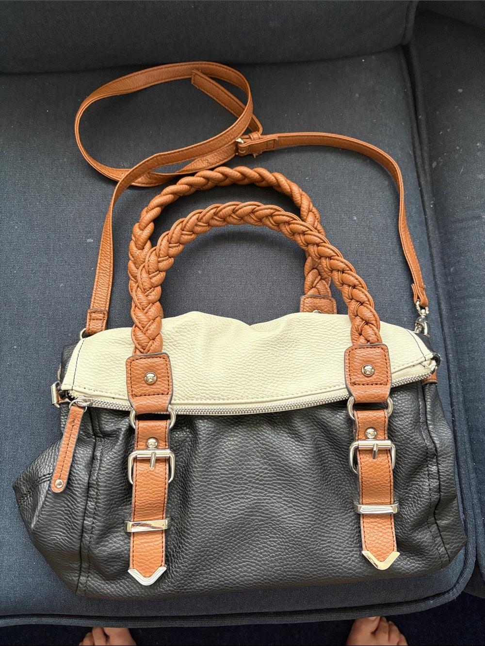 Apt. 9 Two-Tone Satchel with Braided Handles - Cream & Brown